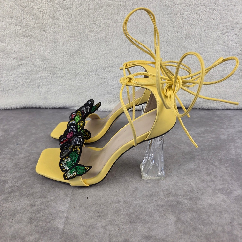 Yellow Butterfly Lace Up Sandals Clear Flared Heel Square Toe Size 40